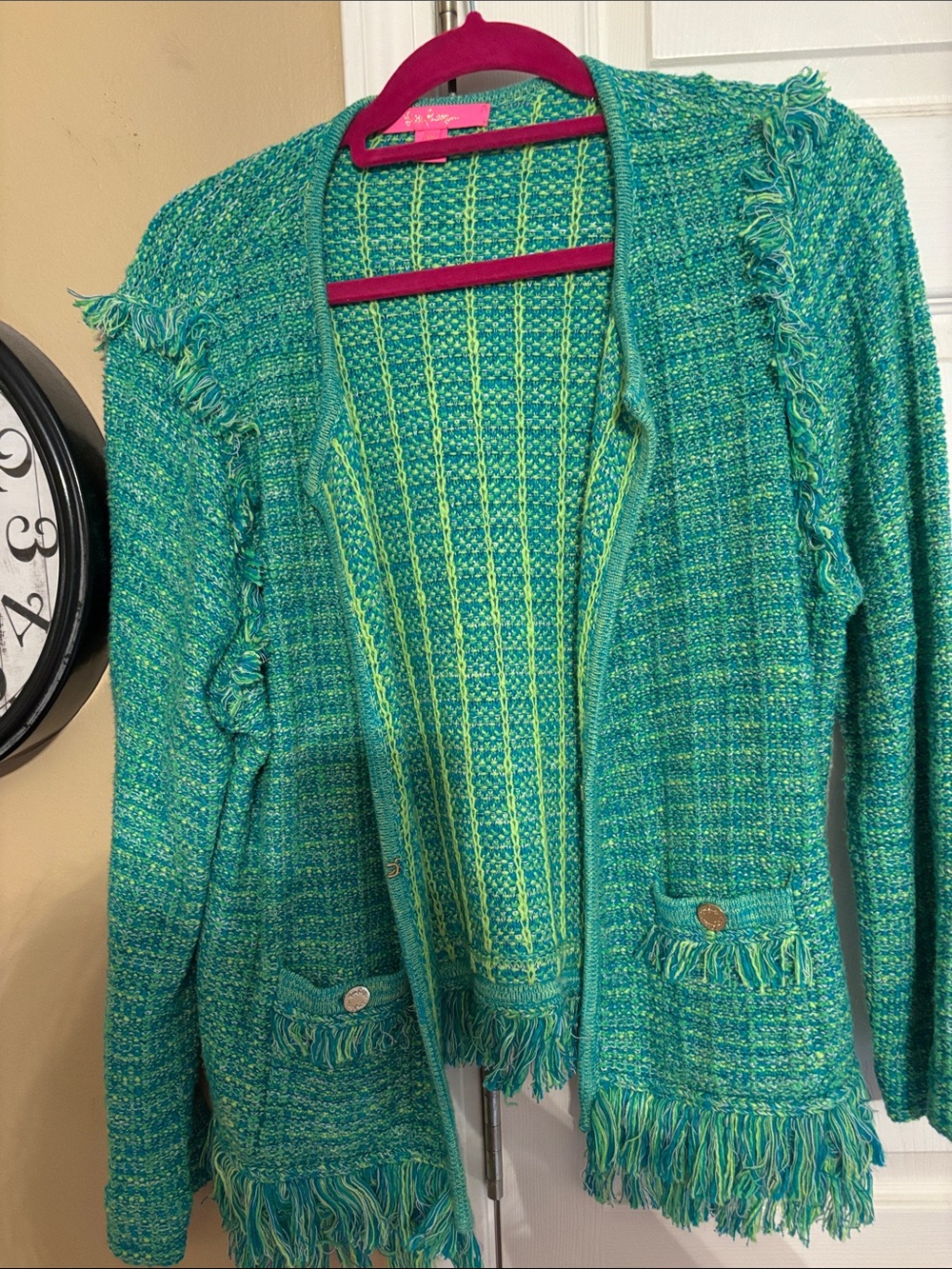 Lilly Pulitzer Teal & Lime Fringe Open-Front Cardigan